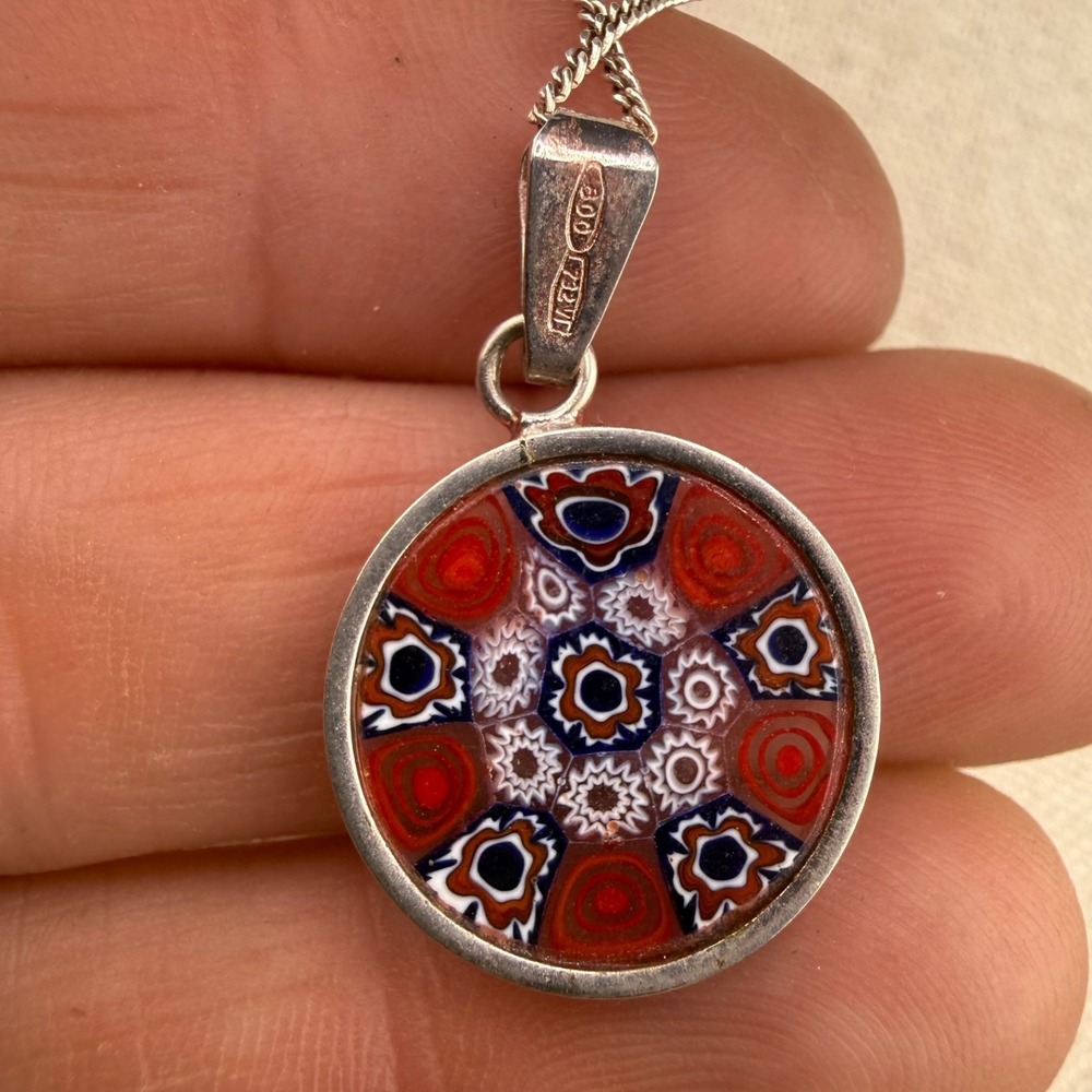 Vintage Millefiori Sterling Silver Necklace Glass Signed 18"